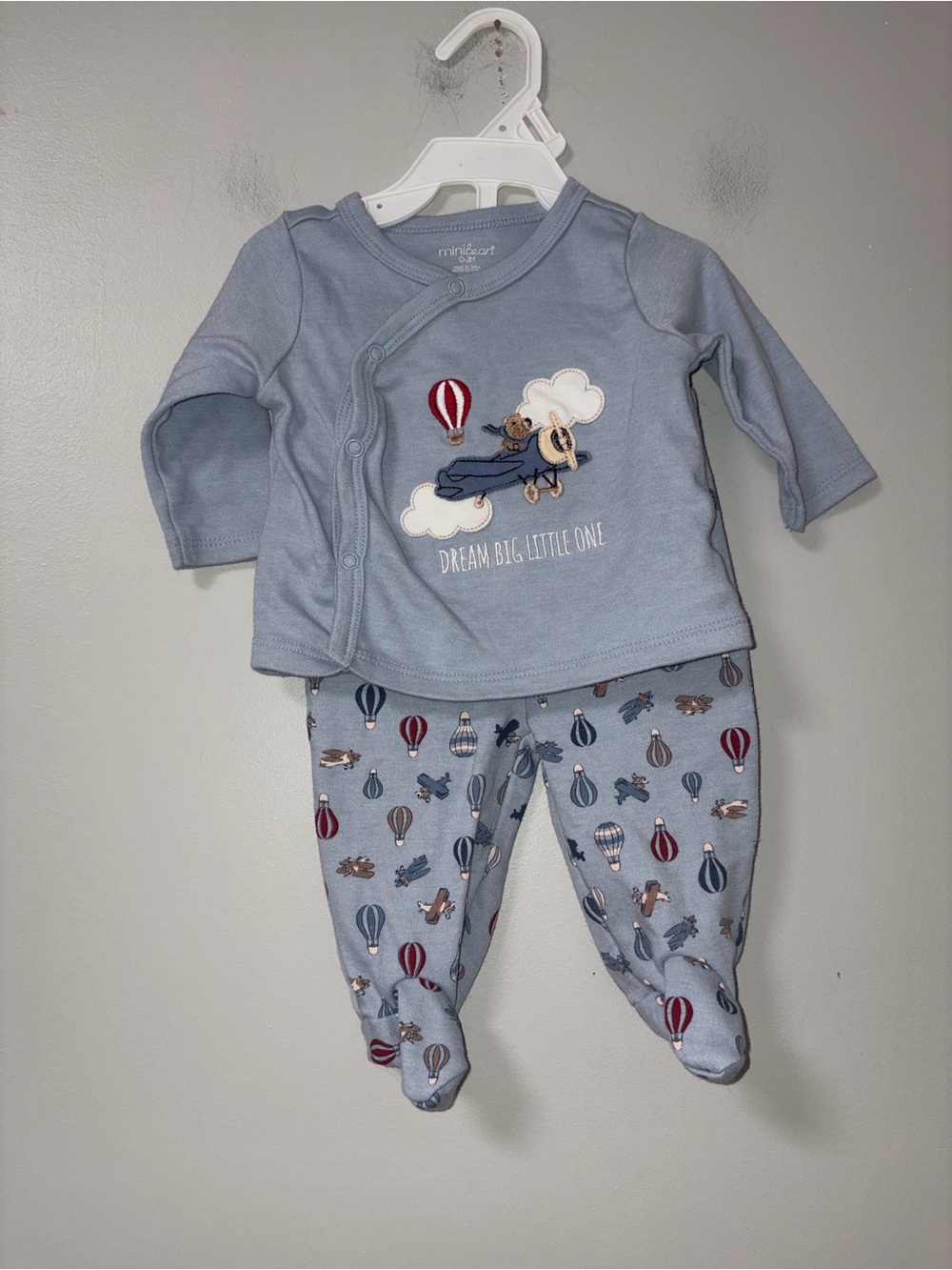 Mini Bean Blue Hot Air Balloons Airplanes Boys Long Sleeve Pants Outfit 0-3M